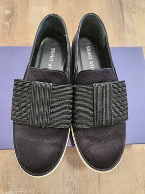 Stuart Weitzman Bowgal Black Satin Slip-On Platform Sneakers